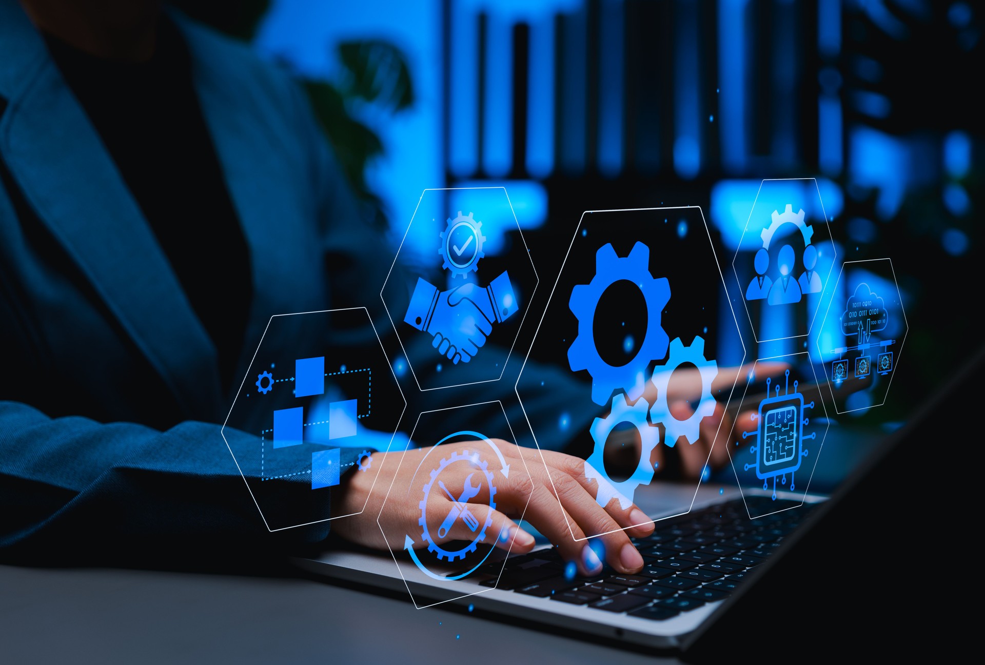 BPA Business process automation concept. A professional using laptop with digital icons of gear, flowcharts, cloud computing, tools, representing automation, optimization, business workflow technology